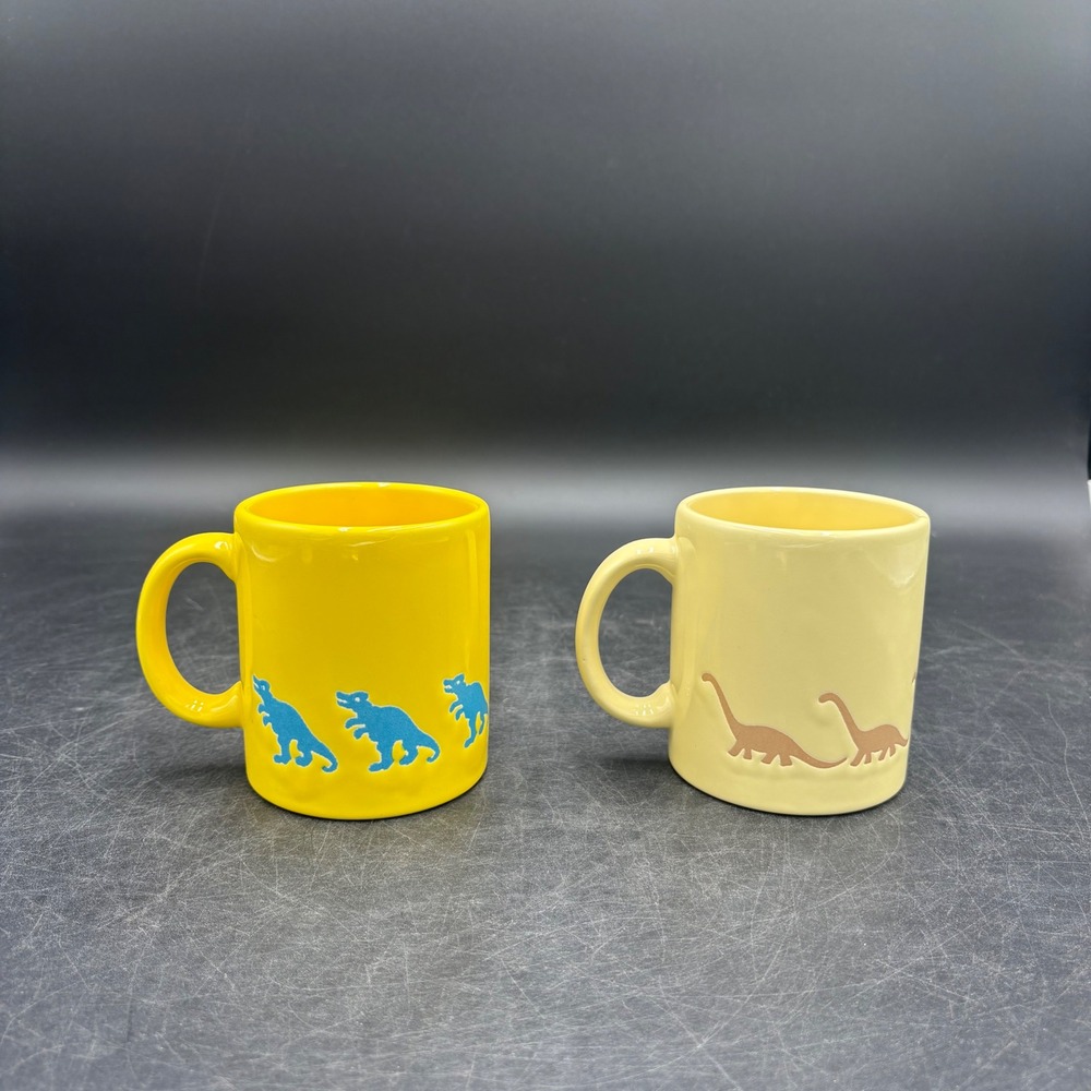 Waechtersbach Dinosaur Ceramic Mugs Yellow T-Rex & Brontosaurus Coffee Cups 2pc